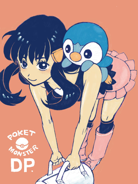 1girl, bag, black_eyes, black_hair, carrying, hair_ornament, headwear_removed, hikari_(pokemon), oira_(tegaki), orange_background, piplup, pokemon, pokemon_(creature), pokemon_(game), pokemon_dppt, skirt, tegaki, title_drop