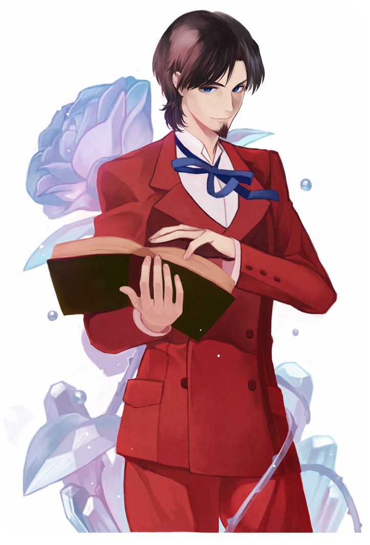 blue_eyes, book, brown_hair, facial_hair, fate/zero, fate_(series), flower, formal, goatee, male, rose, solo, suit, thorns, tohsaka_tokiomi, toosaka_tokiomi, ttkkmmrr
