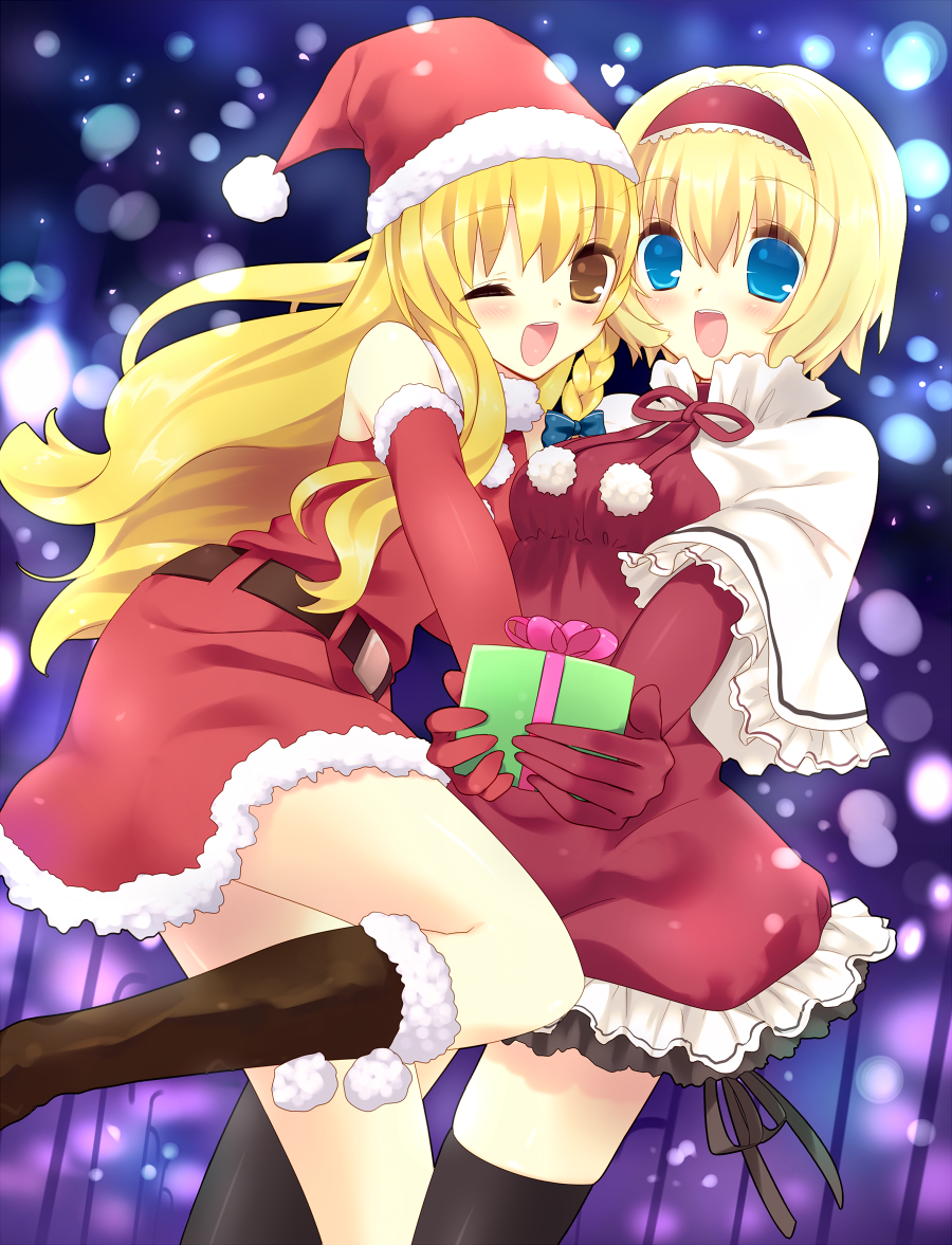 alice_margatroid, bad_id, blonde_hair, blue_eyes, braid, elbow_gloves, gift, gloves, hairband, hat, holding, holding_gift, kirisame_marisa, long_hair, multiple_girls, nekoiro, santa_costume, santa_hat, short_hair, thigh-highs, thighhighs, tokira_nozumi, touhou, wink, yellow_eyes