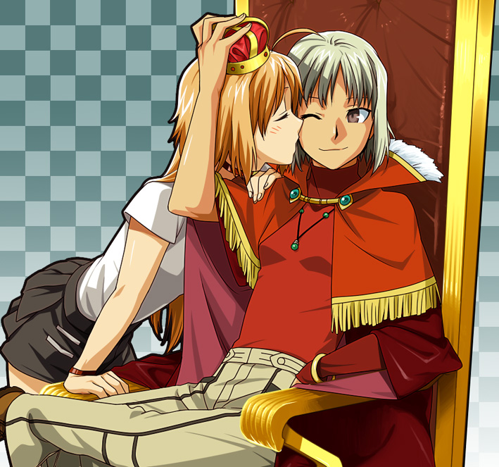 428, :3, ahoge, androgynous, blonde_hair, bracelet, brown_eyes, canaan