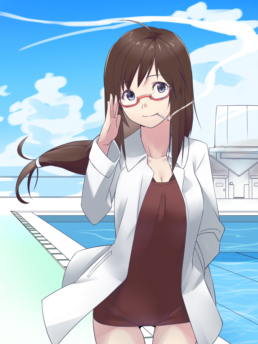 ahoge, brown_hair, cigarette, dress, glasses, grey_eyes, labcoat, level.21
