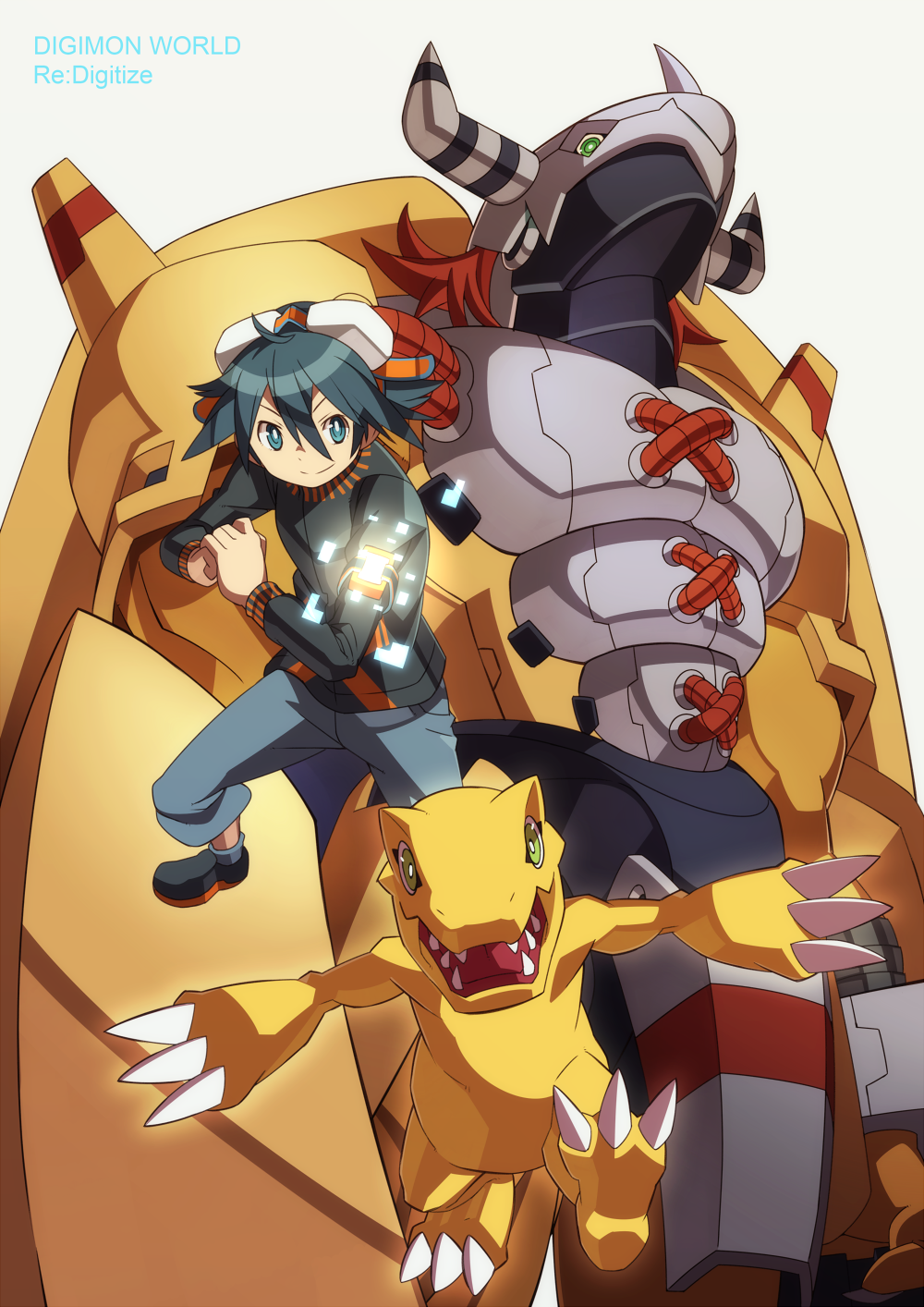 3boys, agumon, anthro, armor, black_hair, blue_eyes, blue_hair, claws