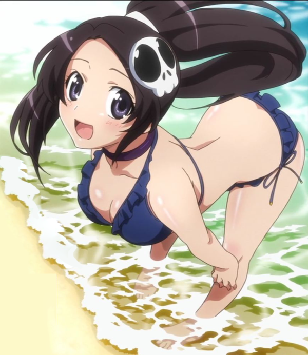 :d, barefoot, beach, bent_over, bikini, blush, breasts, choker