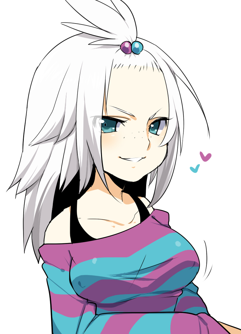 alternate_breast_size, alternate_hair_length, alternate_hairstyle, bad_id, blue_eyes, breasts, collarbone, dress, freckles, grin, gym_leader, hair_bobbles, hair_ornament, heart, homika_(pokemon), large_breasts, looking_at_viewer, minidress, mofuaki_(yoshiaki), pokemon, pokemon_(game), pokemon_bw2, simple_background, smile, solo, striped, striped_dress, topknot, white_background, white_hair, yoshiaki@aa