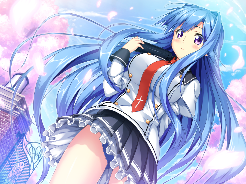 blue_hair, blush, cherry_blossoms, churack_ririela, clouds, erect!, game_cg, long_hair