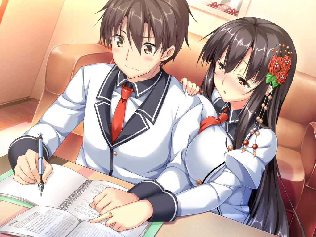 black_hair, book, brown_eyes, brown_hair, erect!, game_cg, long_hair, piromizu