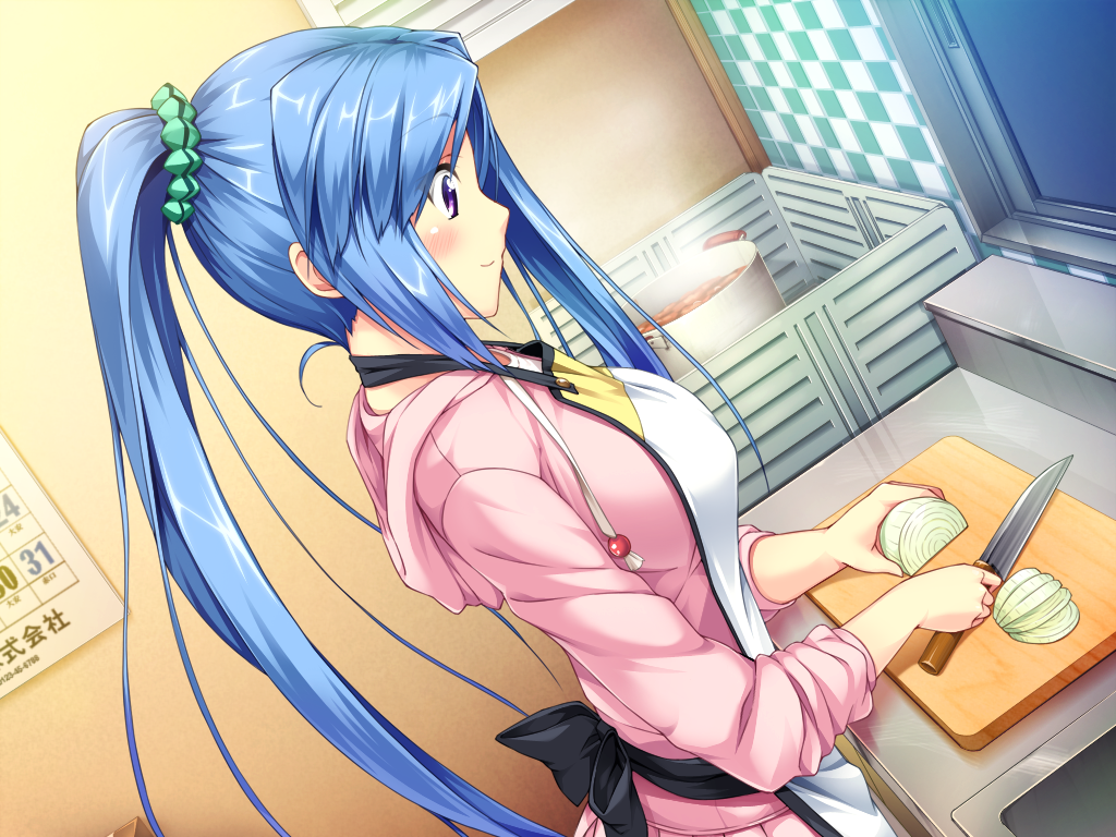 apron, blue_hair, blush, churack_ririela, cooking, dutch_angle, erect!, food