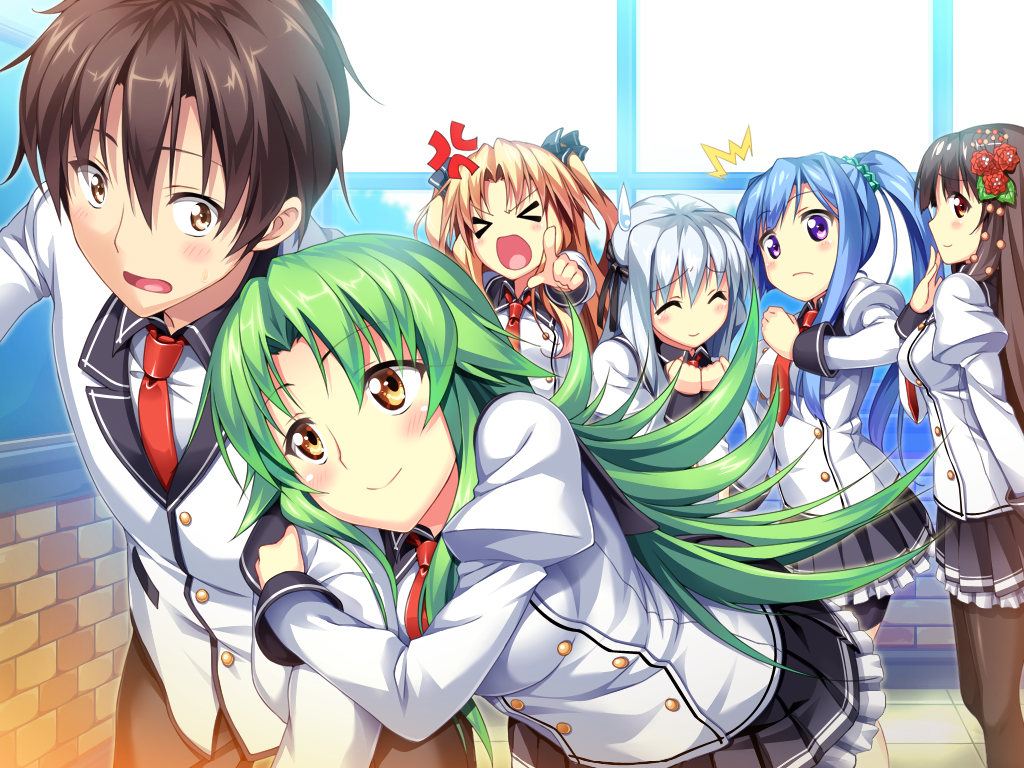 asteel_runastia, black_hair, blonde_hair, blue_hair, blush, bow, brown_eyes, brown_hair