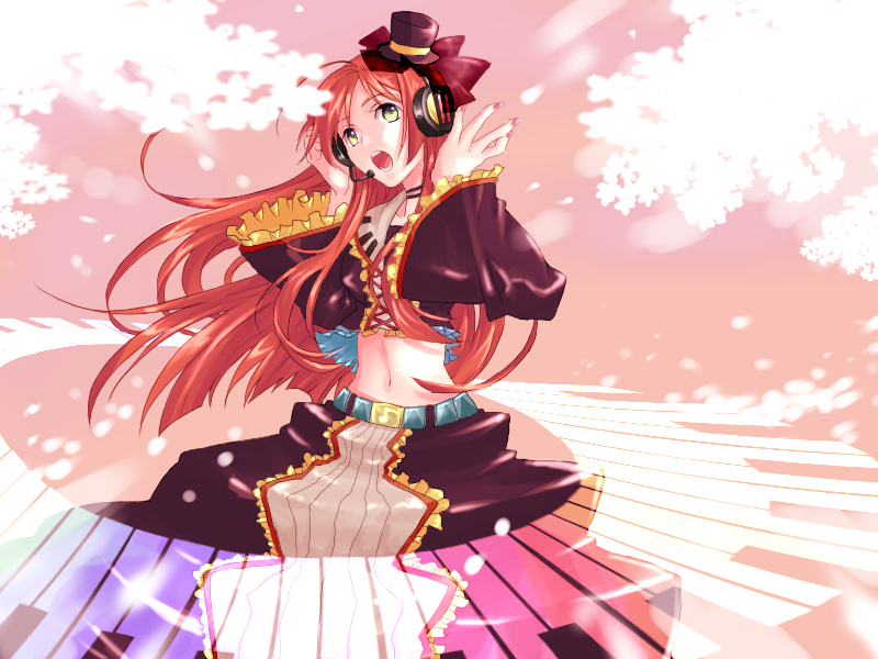 blue_eyes, cherry_blossoms, frills, gothic_lolita, hat, headphones, headset, lolita_fashion