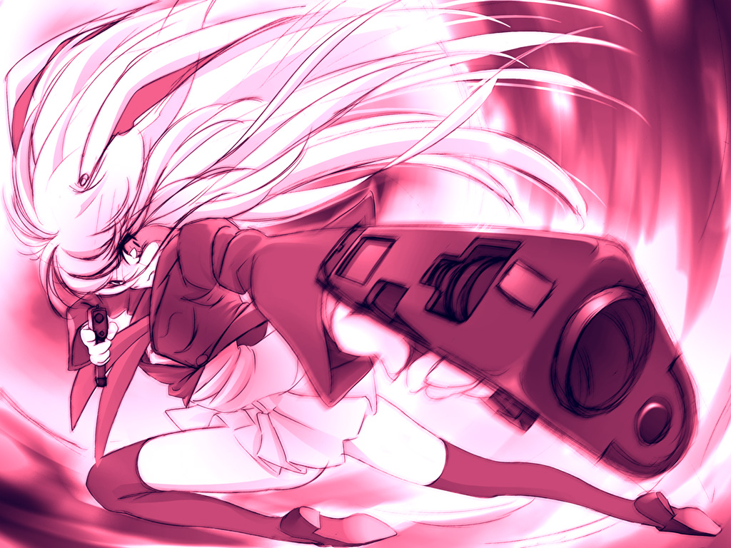 animal_ears, bunny_ears, foreshortening, gun, long_hair, monochrome, pikuseru, red