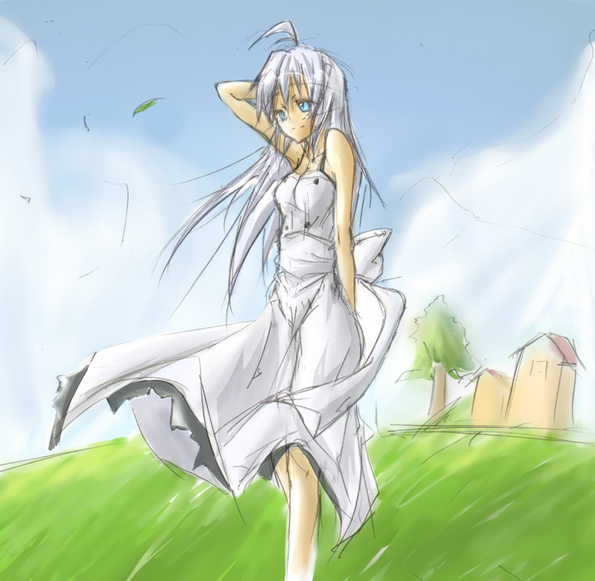 armored_core, buildings, girl, grass, novemdecuple, white_hair