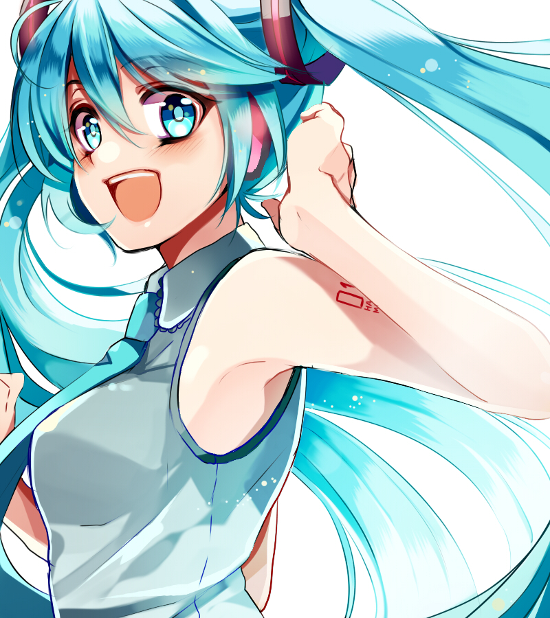:d, aqua_eyes, aqua_hair, armpits, bare_shoulders, hand_on_headphones, hatsune_miku, headphones