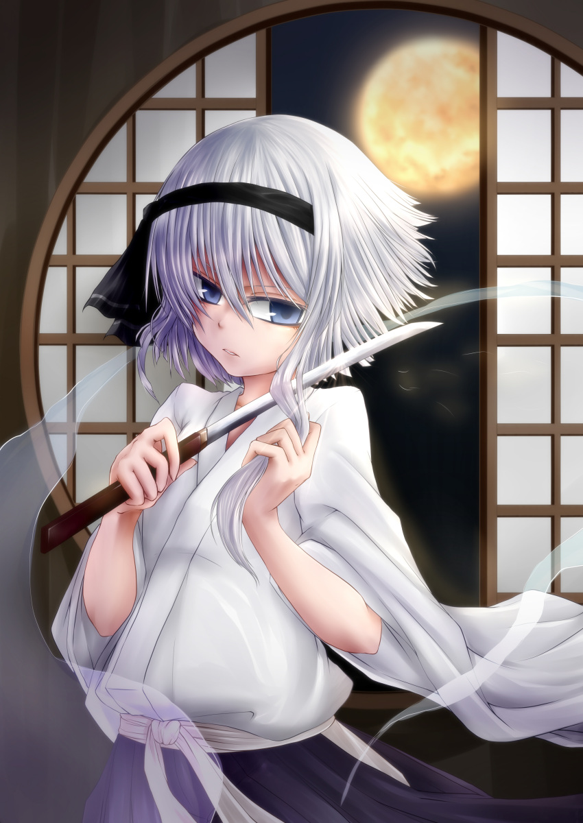 absurdres, alternate_costume, asymmetrical_hair, blue_eyes, cutting_hair, full_moon, hair_ribbon, hairband
