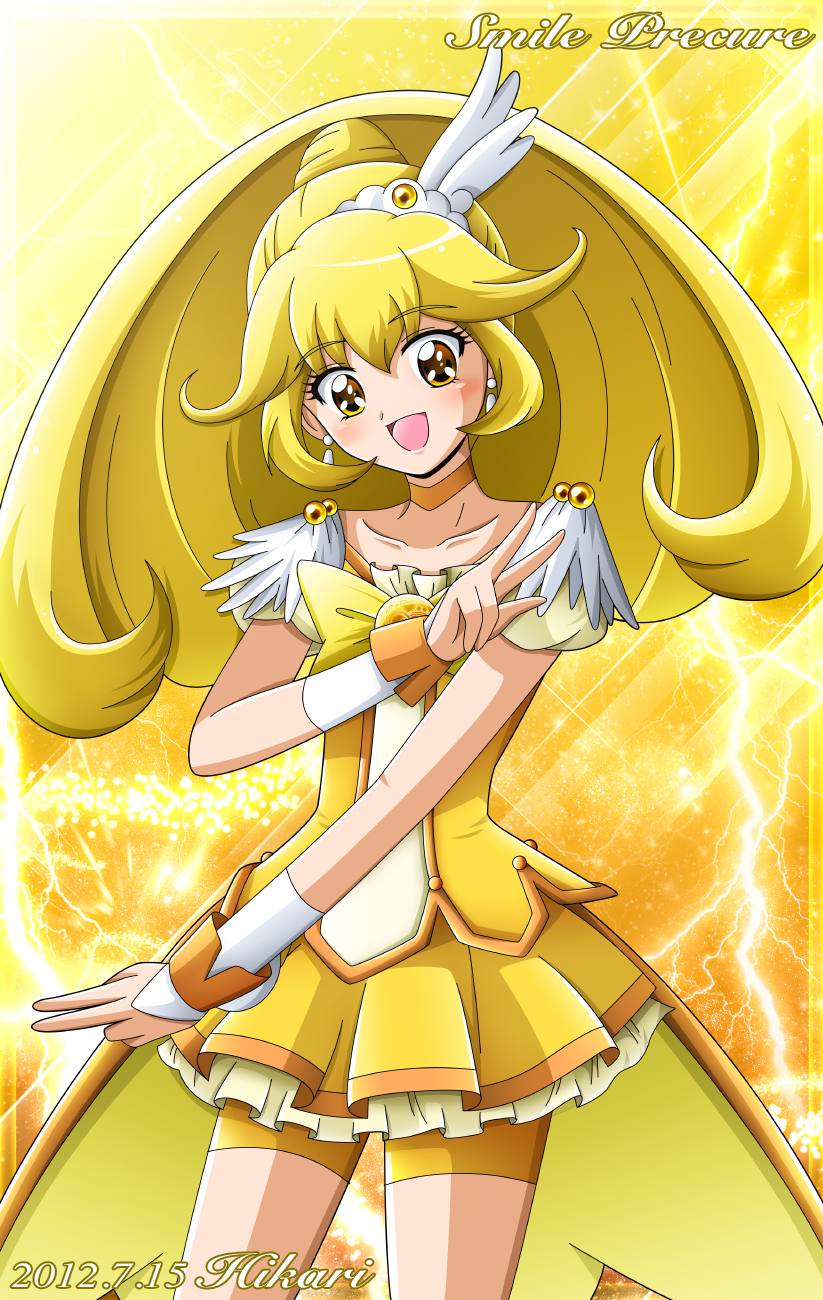 1girl, bike_shorts, blonde_hair, choker, cure_peace, double_v, dress, electricity, hair_ornament, highres, hikari_(hikari_no_kobako), kise_yayoi, long_hair, magical_girl, open_mouth, ponytail, precure, shorts_under_skirt, skirt, smile, smile_precure!, thunder, v, wrist_cuffs, yellow_background, yellow_dress, yellow_eyes