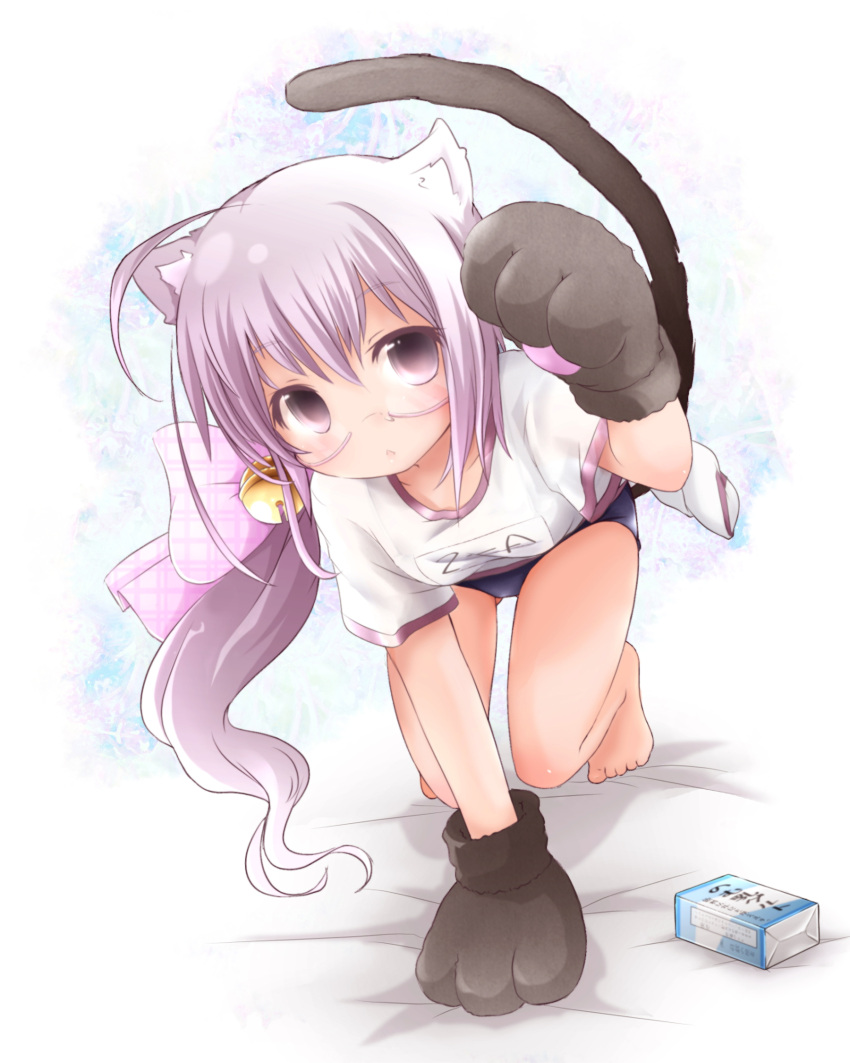 akino_coto, animal_ears, barefoot, bell, buruma, cat_ears, cat_paws, cat_tail