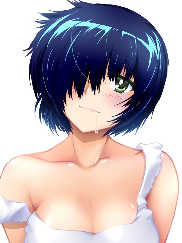 bare_shoulders, black_hair, blush, breasts, bust, cleavage, collarbone, dha, drooling, face, green_eyes, hair_over_one_eye, head_tilt, large_breasts, looking_at_viewer, nazo_no_kanojo_x, off_shoulder, saliva, saliva_trail, shiny, shiny_skin, short_hair, simple_background, smile, solo, strap_slip, urabe_mikoto
