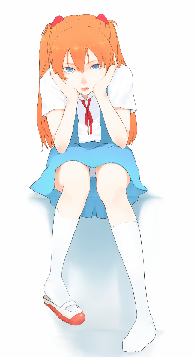 bigoru, blue_eyes, chin_rest, hands_on_own_face, long_hair, neon_genesis_evangelion, orange_hair, panties