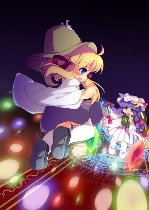 battle, blonde_hair, blue_eyes, blush, book, bow, crescent, crystal