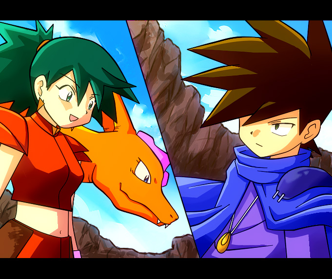 1boy, 1girl, charizard, crossover, earrings, green_eyes, green_hair, jewelry, letterboxed, ookido_green, open_mouth, pokemon, pokemon_(anime), pokemon_(creature), pokemon_special, ponytail, sieg_(pokemon), smile, spiked_hair, spiky_hair, tetsu_@_kyoufu_no_kyaraben