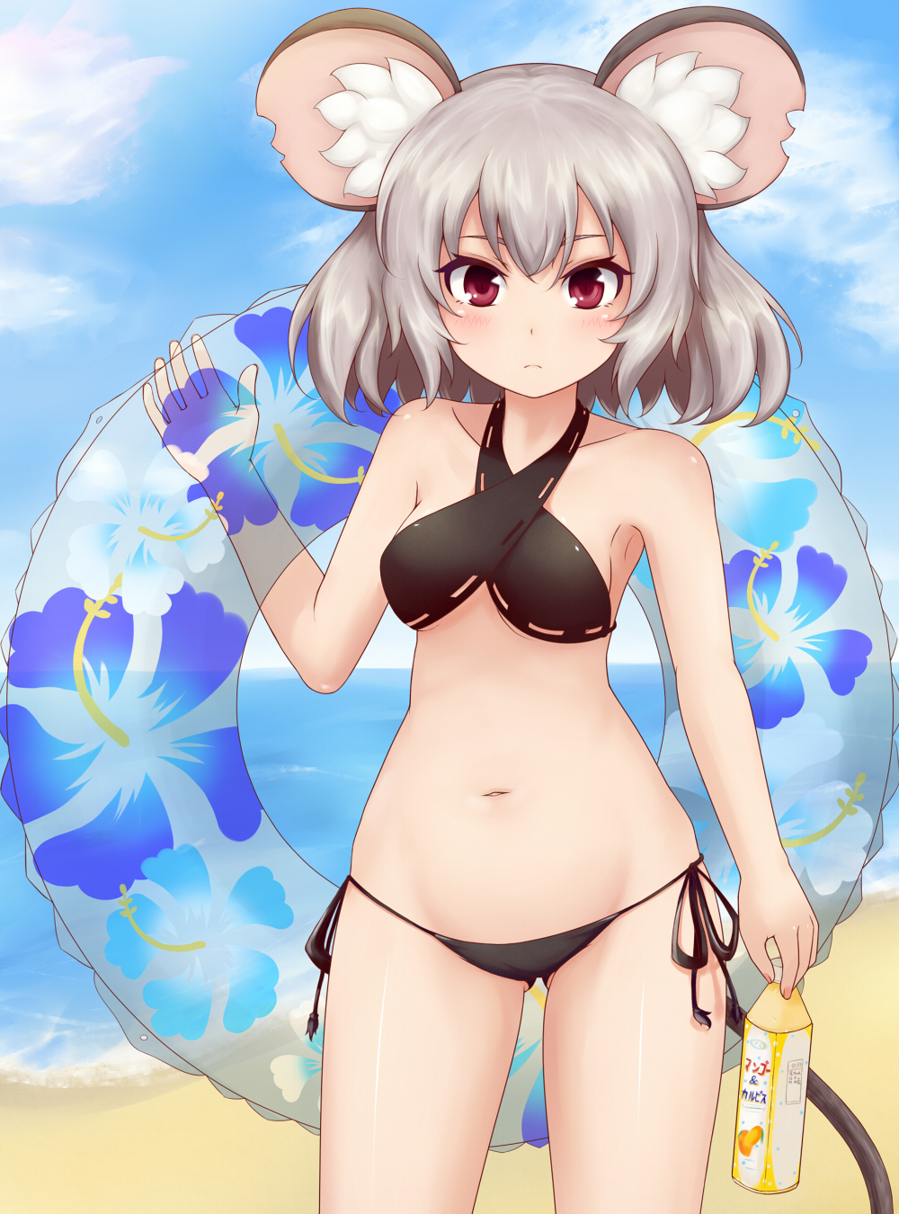 alternate_costume, animal_ears, astn, bikini, blush, bottle, cloud, clouds