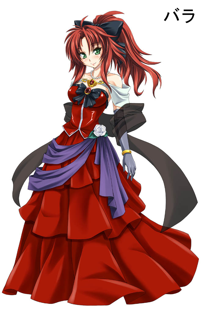 bare_shoulders, bracelet, breasts, elbow_gloves, female, gekato, gloves, green_eyes