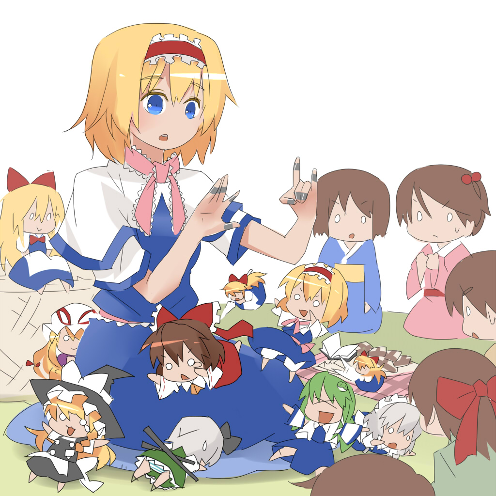 alice_margatroid, apron, ascot, basket, blonde_hair, blue_eyes, bow, braid