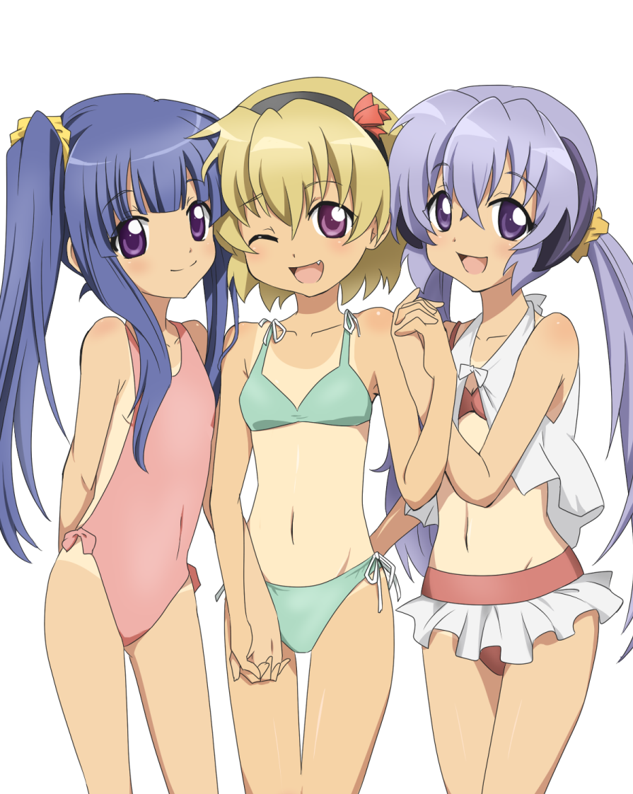 alternate_hairstyle, bare_shoulders, bikini, blonde_hair, blue_hair, breasts, child, collarbone, compacthuman, frills, furude_rika, girl_sandwich, hair_ribbon, hairband, hand_holding, hanyuu, higurashi_no_naku_koro_ni, holding_hands, horns, houjou_satoko, looking_at_viewer, midriff, mound_of_venus, multiple_girls, navel, open_mouth, purple_eyes, purple_hair, ribbon, rumia_(compacthuman), sideboob, simple_background, smile, standing, swimsuit, tan, tanline, thigh_gap, twintails, violet_eyes, white_background, wink