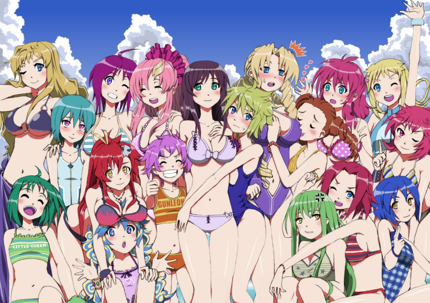 18girls, anger_vein, aquarion_(series), azarashing_day, beach, bikini, blush, bracelet, breast_rest, breasts, breasts_on_head, c.c., character_request, cleavage, code_geass, crossover, dancouga_nova, ester_elhas, eureka, eureka_seven, eureka_seven_(series), feldt_grace, grin, gundam, gundam_00, gundam_seed, gundam_seed_destiny, hidaka_aoi, hug, jewelry, juusou_kikou_dancouga_nova, kallen_stadtfeld, lacus_clyne, lunamara_hawke, lunamaria_hawke, macross, macross_frontier, mail_beater, marguerite_pistail, midriff, mileina_vashti, multiple_girls, navel, nia_teppelin, one-piece_swimsuit, open_mouth, ranka_lee, setsuko_ohara, sheryl_nome, shiny, shiny_skin, silvia_de_alisia, smile, sousei_no_aquarion, super_robot_wars, super_robot_wars_z2, swimsuit, tachibana_kurara, tengen_toppa_gurren_lagann, thigh_gap, wink, yoko_littner