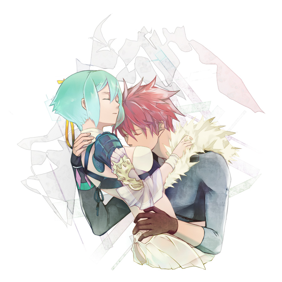 aquarion_(series), aquarion_evol, blush, closed_eyes, couple, eyes_closed, gloves, hair_ribbon, kagura_demuri, navel, nigiri_(guran2), red_hair, redhead, ribbon, short_hair, sleeping, zessica_wong