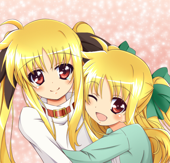 alicia_testarossa, blonde_hair, blush, fate_testarossa, hair_ribbon, lyrical_nanoha, mahou_shoujo_lyrical_nanoha, mahou_shoujo_lyrical_nanoha_a's