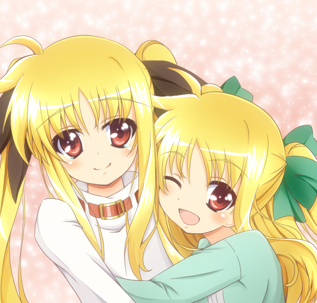 alicia_testarossa, blonde_hair, blush, fate_testarossa, hair_ribbon, lyrical_nanoha, mahou_shoujo_lyrical_nanoha, mahou_shoujo_lyrical_nanoha_a's