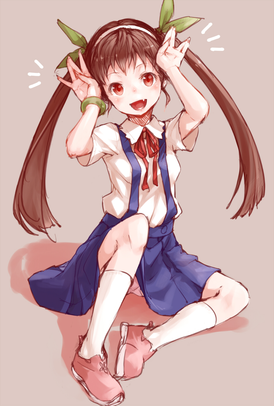 arms_up, bakemonogatari, black_hair, blush, bracelet, brown_hair, fang, hachikuji_mayoi