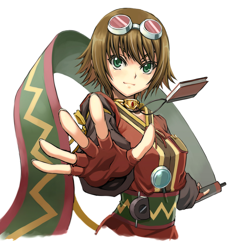 brown_hair, choker, fingerless_gloves, foreshortening, gloves, goggles, goggles_on_head, green_eyes