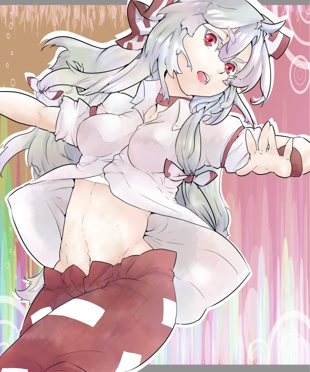 baggy_pants, bandage, bandages, choker, fujiwara_no_mokou, hair_ornament, hair_ribbon, looking_at_viewer, midriff, mound, navel, pants, red_eyes, ribbon, sarashi, shirt, short_sleeves, solo, somsom, touhou, unbuttoned, white_hair, wristband