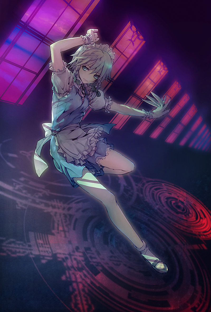 apron, blue_eyes, braid, grey_hair, hair_ribbon, ichimura_(kiln), izayoi_sakuya, kiln_(artist)