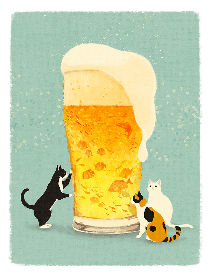 beer, cat, fish, foam, food, glass, minimized, no_humans