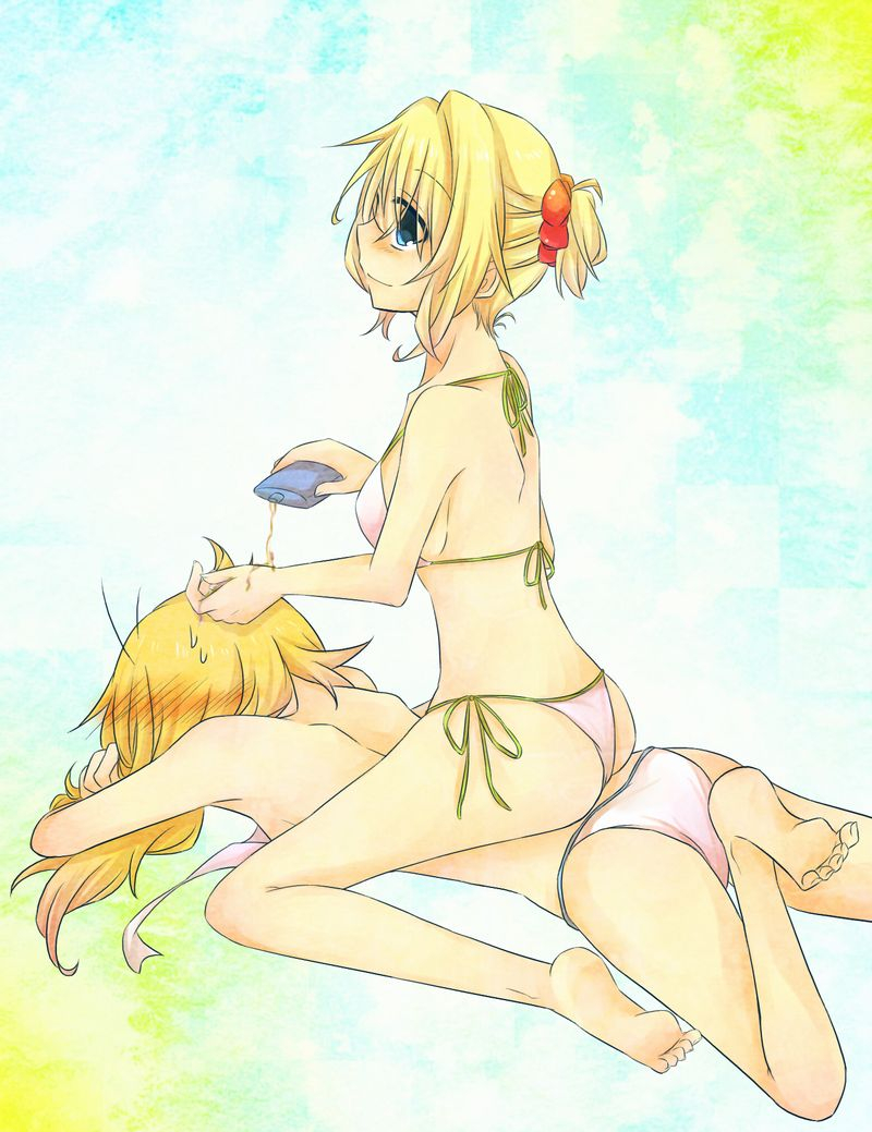 alice_margatroid, alternate_hairstyle, ass, barefoot, bikini, blonde_hair, blue_eyes, blush