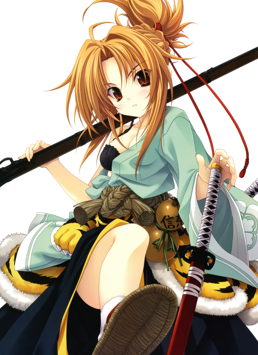 :<, absurdres, arquebus, black_bra, blonde_hair, bra, breasts, cleavage