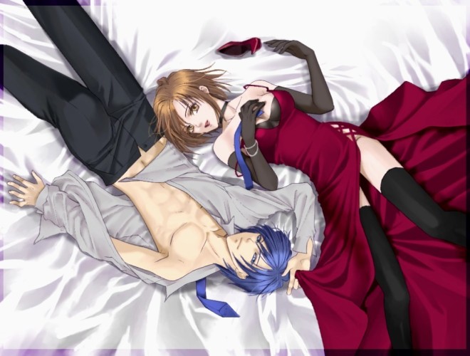 blue_hair, brown_eyes, brown_hair, couple, dress, elbow_gloves, from_above, gloves