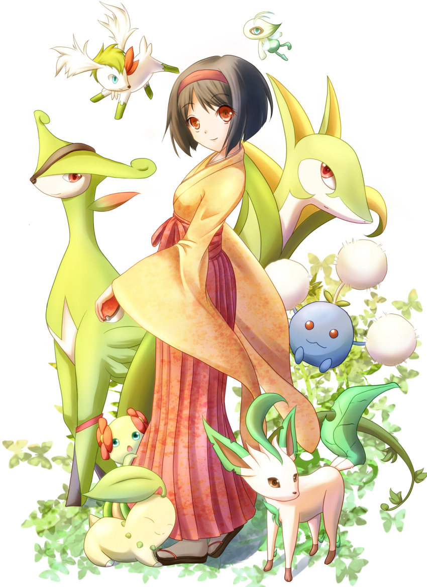 1girl, alternate_form, bellossom, black_hair, breasts, butterfly, celebi, chikorita