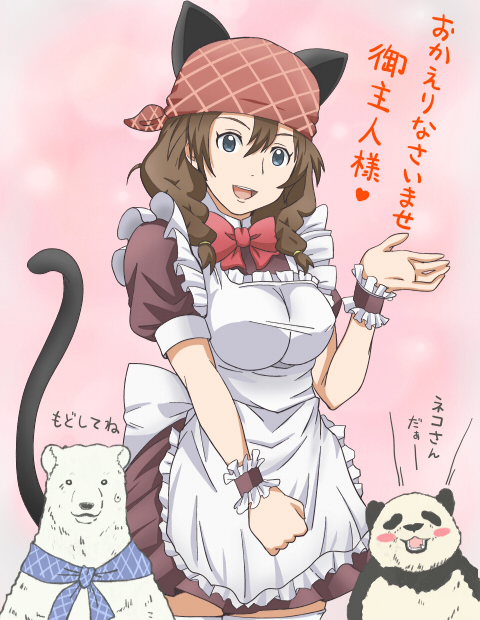 :d, animal_ears, apron, banboro_(technobot), bow, cat_ears, cat_tail, head_scarf