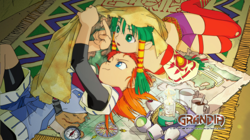 1999, 1boy, 1girl, 90s, blue_eyes, candle, carpet, compass