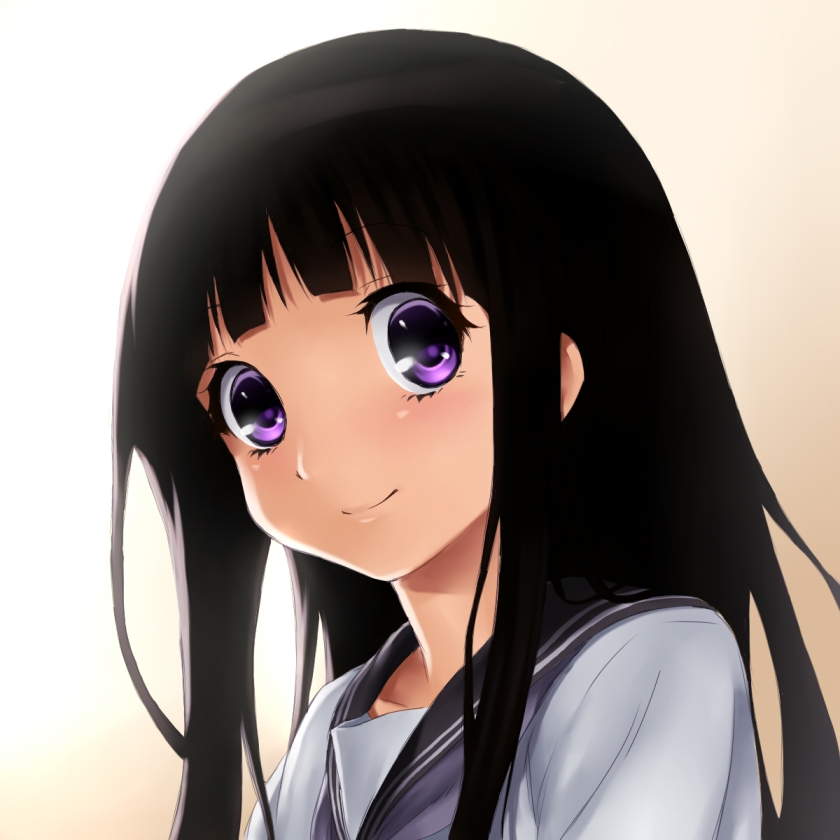 bangs, black_hair, blunt_bangs, chitanda_eru, hyouka, light_smile, long_hair, looking_at_viewer