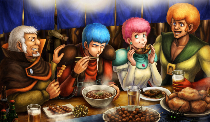 4boys, afro, beard, beer, blue_eyes, blue_hair, bouleuse_gotho, chicken_(food)