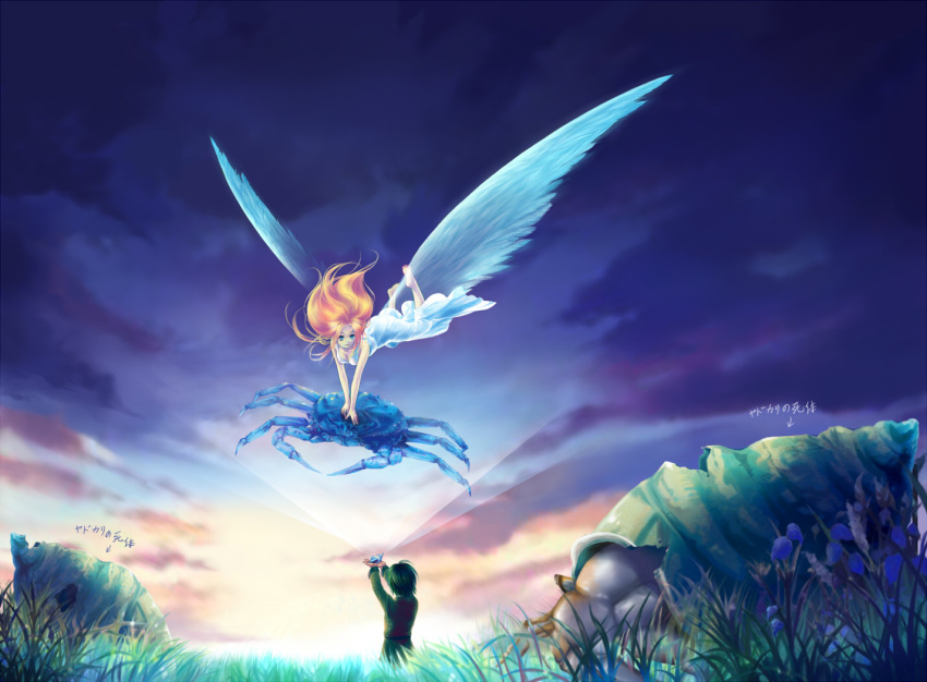 blonde_hair, blue_eyes, crab, crustacean, ehekatl_of_luck, elona, flying, green_hair, hayah_(pixiv), hermit_crab, the_unknown_shell, translation_request, wings