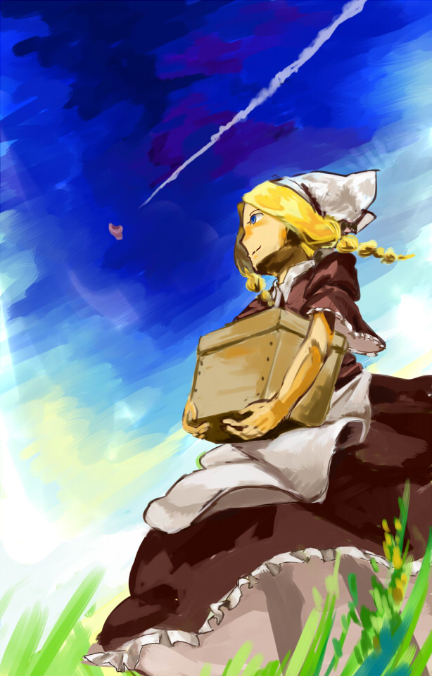 apron, blonde_hair, blue_eyes, box, elona, grass, panties, shena_the_draw