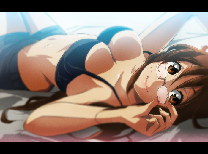 71, adjusting_glasses, bandeau, breasts, brown_eyes, brown_hair, cleavage, glasses