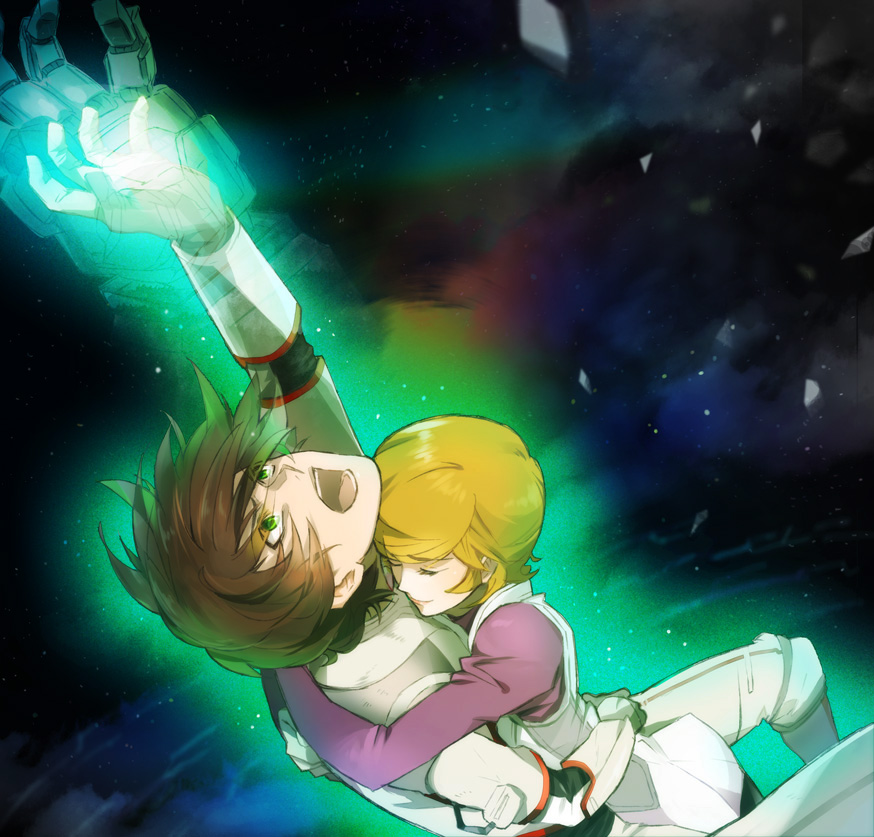 bad_id, banagher_links, blonde_hair, brown_hair, closed_eyes, cloud, clouds, eyes_closed, glowing, green_eyes, gundam, gundam_unicorn, hug, mizunoe, pantyhose, pilot_suit