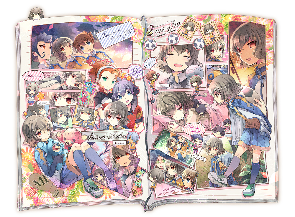 6+boys, :d, ^_^, ball, black_hair, blue_hair, brown_eyes, brown_hair