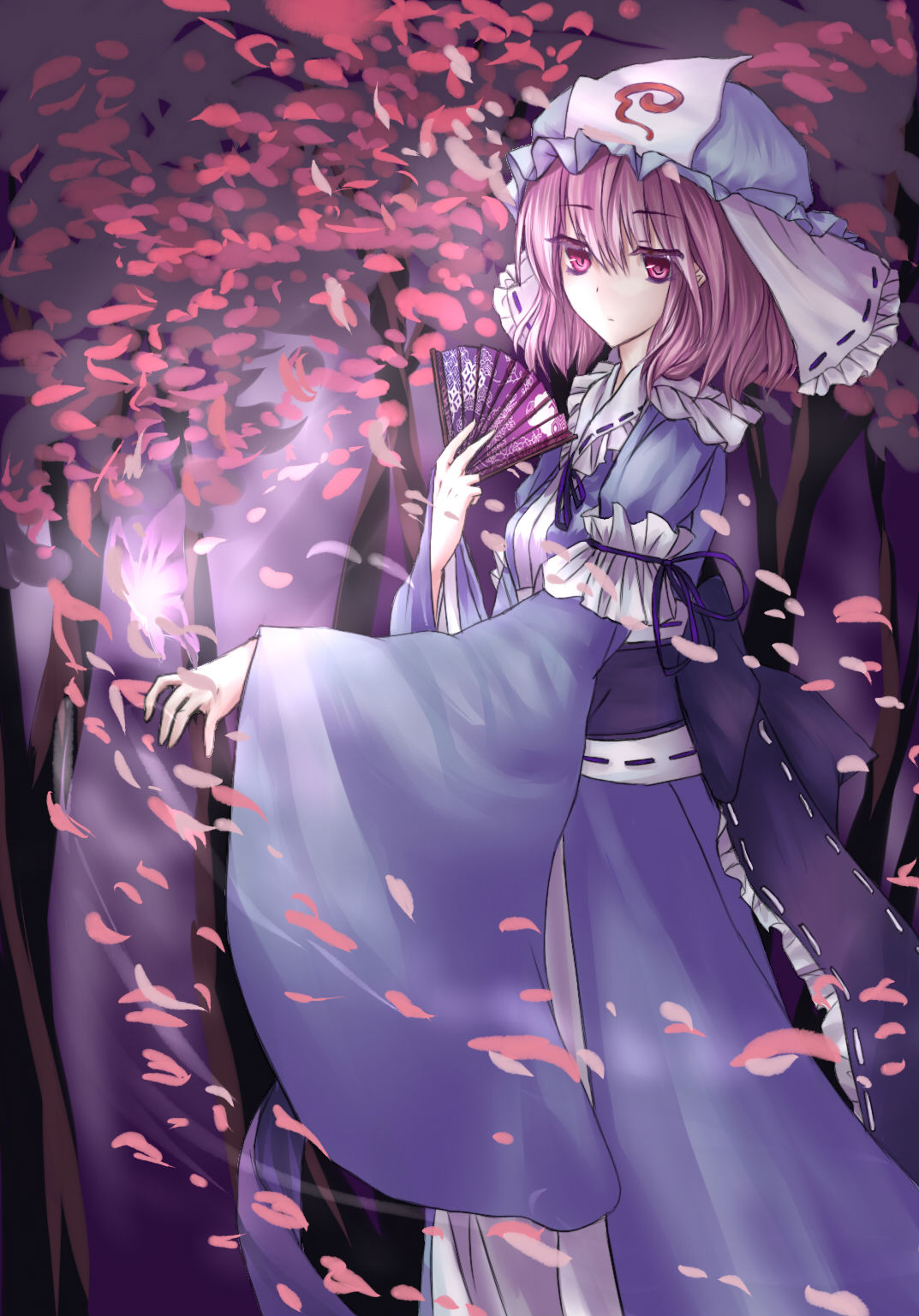 butterfly, fan, frills, hat, highres, hug_(artist), insect, long_sleeves, obi, petals, pink_eyes, pink_hair, saigyouji_yuyuko, saigyouji_yuyuko's_fan_design, saigyouji_yuyuko's_fan_design, short_hair, solo, touhou, triangular_headpiece, wide_sleeves